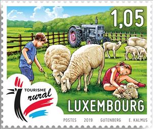 Stamp, Children Petting Sheep, Luxembourg,  , Children, Sheep, Tourism