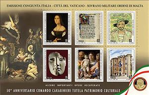 Souvenir Sheet, 50th Anniv. of the Carabinieri Cultural Protection Force, Italy,  , Art, Buildings, Documents, Joint Issues, Statues