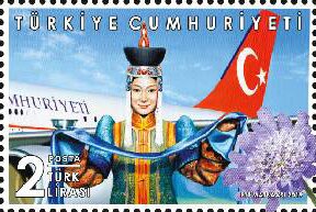 Turkish Aircraft and Mongolian Woman in Traditional Welcome