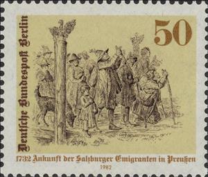 Stamp, Salzburg emigrants reaching the Prussian border in 1732, Berlin,  , Commemoration, Anniversaries and Jubilees
