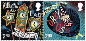 Se-tenant, Burning Clocks/Obby Oss, United Kingdom of Great Britain & Northern Ireland,  , Clocks, Customs, Festivals