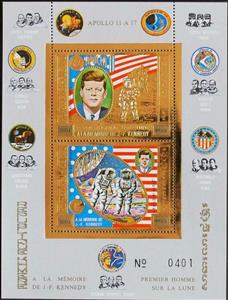 Souvenir Sheet, John F. Kennedy, Apollo 11, Cambodia,  , Flags, Heads of State, Space Traveling