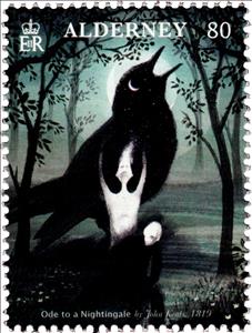 Stamp, Ode To A Nightingale, Alderney,  , Birds, Literary People (Poets and Writers), Poems