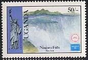 Stamp, Statue of Liberty and Niagara Falls, Uganda,  , Philatelic Exhibitions, Statues, Waterfalls