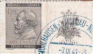 Stamp with Attached Label, Antonin Dvorak, Czech composer, Bohemia and Moravia,  , Anniversaries and Jubilees, Composers, Famous People, Men, Music, Musicians