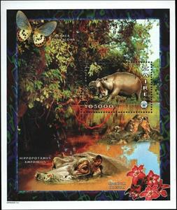 Souvenir Sheet, Hippopotamus (Hippopotamus amphibius), Zaire,  , Animals (Fauna), Butterflies, Hippopotamuses, Insects, Mammals, Plants (Flora)