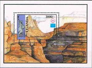 Souvenir Sheet, Statue of Liberty and, Uganda,  , Geology, Landscapes, Mountains, Philatelic Exhibitions, Statues