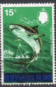 Stamp, Tiger Shark & Fishermen, Tuvalu,  , Fishes, Fishing-boats, Palm-trees, Sharks