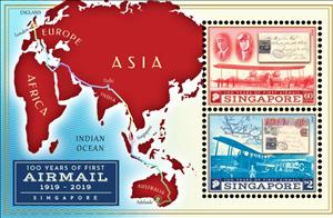 Souvenir Sheet, Centenary of First Airmail Flight to Singapore, Singapore,  , Aircraft, Maps, Postal History