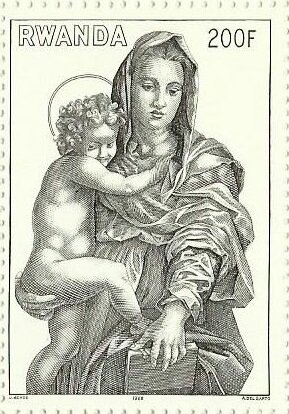 Stamp, Virgin of the Harpies by Andrea Del Sarto, Rwanda,  , Art, Christmas, Painters, Paintings, Religion