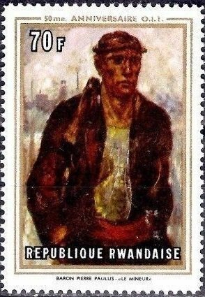 Stamp, B. P. Paulus "Le Mineur", Rwanda,  , Anniversaries and Jubilees, Labour Organisations, Organizations, Paintings, U.N.O.