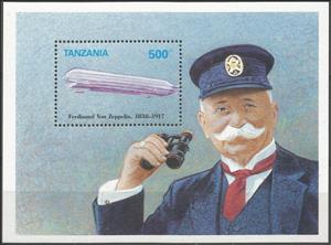 Souvenir Sheet, Airship LZ 3, Ferdinand Graf von Zeppelin, Tanzania,  , Aviation, Famous People, Zeppelins