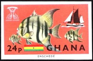 Stamp, African Moony (Monodactylus sebae), Schooner, Flag, Ghana,  , Animals (Fauna), Fishery, Fishes, Flags, Freedom from hunger, Sea Life