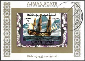 Souvenir Sheet, Sailing ship, Ajman,  , Paintings, Sailing Ships