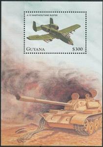 Souvenir Sheet, Fairchild A10-A Thunderbolt II "Warthog", Guyana,  , Air Forces, Aircraft, Aviation, Tanks