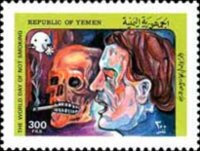 Man facing skull smoking cigarette