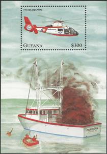 Souvenir Sheet, Aerospatiale HH-65A Dolphin, Guyana,  , Aviation, Helicopters, Rescue Services, Ships