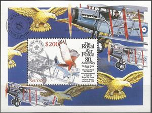 Souvenir Sheet, Bristol F.2B Fighter, Western marsh harrier, Guyana,  , Air Forces, Aircraft, Anniversaries and Jubilees, Aviation, Birds of Prey