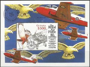 Souvenir Sheet, Bristol F.2B Fighter, Western marsh harrier, Guyana,  , Air Forces, Aircraft, Anniversaries and Jubilees, Aviation, Birds of Prey