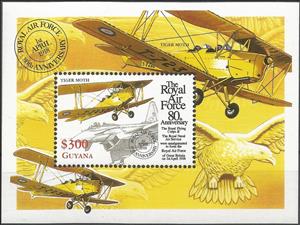 Souvenir Sheet, Tiger Moth, Eurofighter, Guyana,  , Air Forces, Aircraft, Anniversaries and Jubilees, Aviation, Birds of Prey