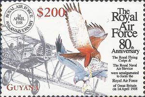 Stamp, Bristol F.2B Fighter, Western marsh harrier, Guyana,  , Air Forces, Aircraft, Anniversaries and Jubilees, Aviation, Birds of Prey