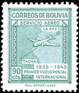 Stamp, Map of National Airways, Bolivia,  , Maps, Aviation, Aircrafts