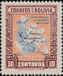 Stamp, Map of Bolivian Air Lines, Bolivia,  , Maps, Aviation, Airlines, Anniversaries and Jubilees