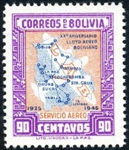 Stamp, Map of Bolivian Air Lines, Bolivia,  , Maps, Aviation, Airlines, Anniversaries and Jubilees