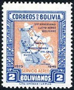 Stamp, Map of Bolivian Air Lines, Bolivia,  , Maps, Aviation, Airlines, Anniversaries and Jubilees