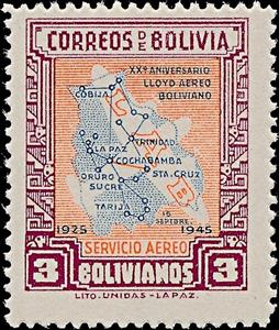 Stamp, Map of Bolivian Air Lines, Bolivia,  , Maps, Aviation, Airlines, Anniversaries and Jubilees
