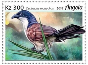 Stamp, Centropus monachus, Angola,  , Animals (Fauna), Birds
