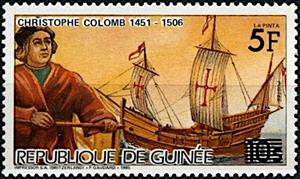 Stamp, Christopher Columbus, surcharged, Guinea,  , Explorers, Famous People, Sailing Ships