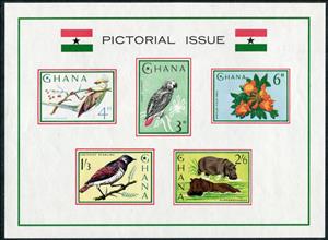 Souvenir Sheet, Fauna and flora (pictorial issues), Ghana,  , Animals (Fauna), Birds, Hippopotamuses, Mammals, Parrots, Plants (Flora)