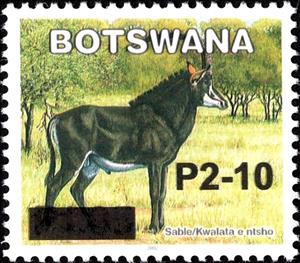Stamp, Sable Antelope (Hippotragus niger) Surcharged, Botswana,  , Animals (Fauna), Antelopes, Mammals