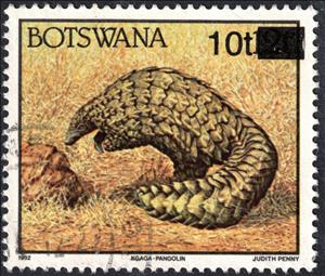 Stamp, Ground Pangolin (Manis temminckii) Surcharged, Botswana,  , Animals (Fauna), Mammals