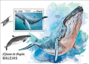 Souvenir Sheet, Balaenoptera musculus & Megaptera novaeangeliae, Angola,  , Animals (Fauna), Mammals, Sea (Marine) Mammals, Sea Life, Whales