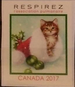 Stamp, Lung Association Cat in Santas Hat. Breathe, Cinderellas,  , Cats, Charity, Christmas, Tuberculosis / TBC