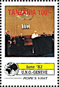 Stamp, Papal Visit at UNO Geneve (June 1982), Tanzania,  , Popes, Religion