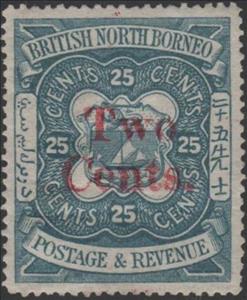 Stamp, Coat of Arms Surcharged "Two Cents." in Red, North Borneo,  , Coats of Arms