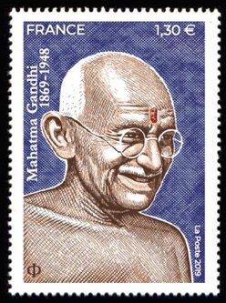 Stamp, 150th Anniversary Birth of Mahatma Gandhi, France,  , Advocates, Anniversaries and Jubilees, Famous People, Human Rights, Independency Activists, Lawyers, Revolutionaries, Teachers
