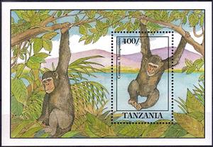 Souvenir Sheet, Common Chimpanzees, Tanzania,  , Animals (Fauna), Apes, Mammals