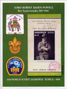 Souvenir Sheet, Lord Robert Baden-Powell, Boy Scout founder, 1857-1941, Maldives,  , Elephants, Mountains, Scouting