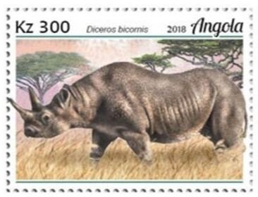 Stamp, Diceros bicomis, Angola,  , Animals (Fauna), Mammals, Rhinoceroses