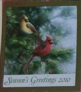 Stamp, Seasons Greetings. Pair of Red Cardinals in Fir Tree, Cinderellas,  , Birds, Christmas, Trees