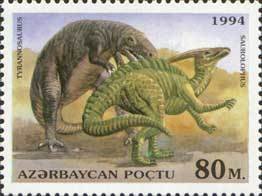 Stamp, Tyrannosaurus, Saurolophus, Azerbaijan,  , Reptiles, Prehistorical Animals, Dinosaurs