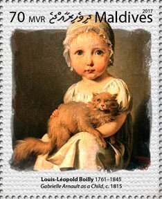 Stamp, "Gabrielle Arnault as a Child" (c. 1815), by L.-L. Boilly, Maldives,  , Animals (Fauna), Cats, Children, Mammals, Paintings