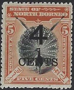 Stamp, Great Argus Pheasant (Argusianus argus) Schg "4 CENTS", North Borneo,  , Pheasants