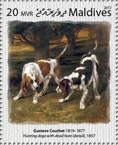 Stamp, "Hunting Dogs with Dead Hare" (1857), by Gustave Courbet, Maldives,  , Animals (Fauna), Dogs, Mammals, Paintings