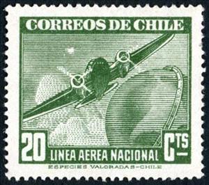 Stamp, Plane and Globe, Chile,  , Aviation, Aircrafts