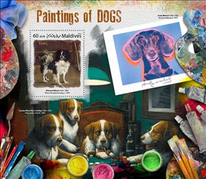 Souvenir Sheet, Paintings of Dogs, Maldives,  , Animals (Fauna), Dogs, Mammals, Paintings